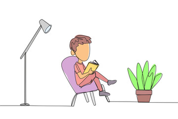 Poster - Single one line drawing smart boy sitting reading in a room with a reading lamp. Spending school holidays increasing knowledge by reading books. Love read. Continuous line design graphic illustration