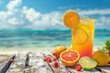 Tropical fruit slices and lemonade cocktails are brought out over a wooden table over the backdrop of a blue sea beach sandy and space, Generative AI.