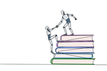 Poster - Single one line drawing robot help partner climb pile of books. Concept of helping each other to success together. Knowledge source book. Book festival. Continuous line design graphic illustration
