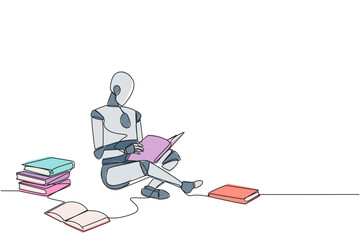 Poster - Continuous one line drawing robot sitting relax in library reading lot of books. Looking for answers to assignments. Hobby reading. Book festival concept. Single line draw design vector illustration