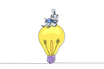 Canvas Print - Single continuous line drawing robot sitting on big lightbulb. Read with focus and serious. Metaphor looking for brilliant idea from scientific book. Book festival. One line design vector illustration