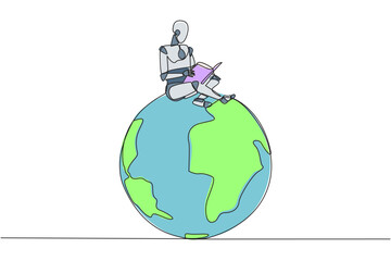 Poster - Single one line drawing smart robot sitting on big globe reading book. The metaphor of reading can reach the world. Read everywhere. Book festival concept. Continuous line design graphic illustration
