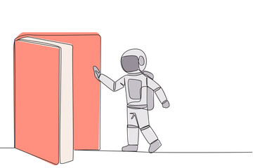 Poster - Single one line drawing astronaut open the book-shaped door. Book can open mind and see everywhere. Increase knowledge about the wider world. Book festival. Continuous line design graphic illustration