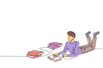 Poster - Single one line drawing man who really likes reading. Everyday one book is read. Good habit. There is no day without reading book. Book festival concept. Continuous line design graphic illustration