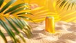 3D soda cans on beach sand with palm leaves and ices a concept of summer refreshment and space for text or product peach, green, yellow and blue theme, Generative AI.
