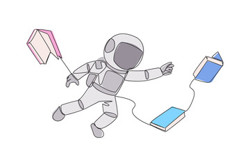 Poster - Single continuous line drawing astronauts floating in space trying to pick up books. No gravity makes it float. Basic space knowledge. Space book festival concept. One line design vector illustration