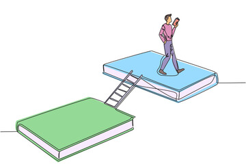 Poster - single continuous line drawing man walking reading on books. a book exhibition concept. display many