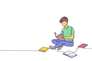 Poster - single continuous line drawing man sitting relaxed in a library reading a lot of books. looking for 