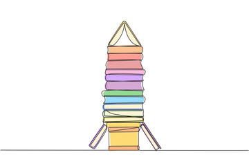 Poster - Continuous one line drawing stacked books form a rocket. Space book festival concept. Guidebook for carrying out expedition missions. Technology. Vehicle. Single line draw design vector illustration