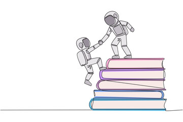Poster - single one line drawing astronaut help partner climb pile of books. concept of helping each other to