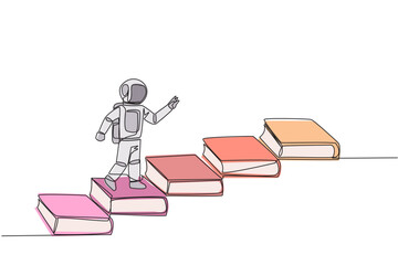 Poster - Continuous one line drawing astronaut climb stairs from books. Reading increases knowledge which can increase the dignity of better life. Book festival concept. Single line design vector illustration