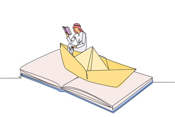 Wall Mural - Single continuous line drawing Arab man reading a book on a paper boat. Maintain the good habits. The metaphor of reading can explore oceans. Book festival concept. One line design vector illustration