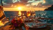 Romantic dinner on yacht with a sunset view and beautiful sea scenery with a big space for text or product advertisement, Generative AI.