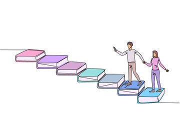 Poster - Continuous one line drawing man woman climb stairs from books. Reading increases knowledge which can increase the dignity of better life. Book festival concept. Single line design vector illustration