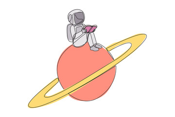Poster - Single one line drawing astronaut sitting on the planet Saturn. Read about the natural conditions of outer space planets. Adaptation. Book festival concept. Continuous line design graphic illustration