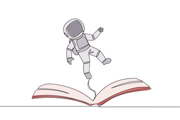 Poster - continuous one line drawing astronaut hovering over an open book. imagination to be astronaut floati