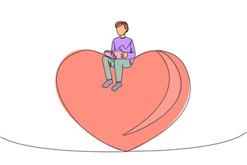 Poster - Single one line drawing man sitting on big heart. Reading the romantic fiction books. Enjoy the storyline. Hobby reading story books. Book festival concept. Continuous line design graphic illustration