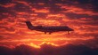 The dramatic silhouette of an airplane against the fiery hues of a sunset sky, its contours outlined in striking contrast as it prepares for its final descent.