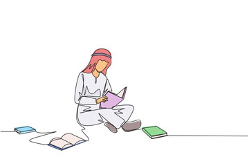Wall Mural - Single continuous line drawing Arabian man sitting relax in library reading lot of books. Looking for answers to assignments. Hobby reading. Book festival concept. One line design vector illustration