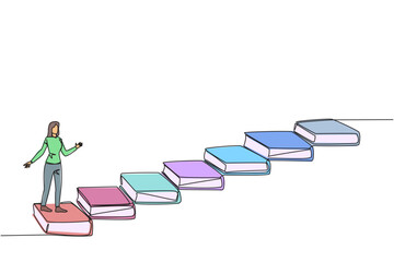 Poster - continuous one line drawing woman climb stairs from books. reading increases knowledge which can inc