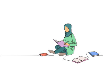 Sticker - Continuous one line drawing Arabian woman sitting relax in library reading lot of books. Looking for answers to assignments. Hobby reading. Book festival concept. Single line draw vector illustration