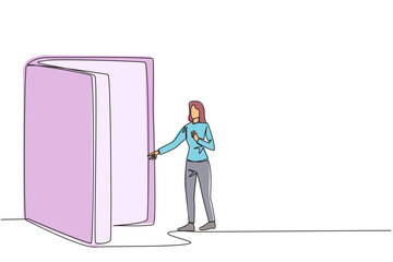 Poster - single continuous line drawing woman open the book-shaped door. books can open mind and see everywhe
