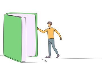 Poster - Continuous one line drawing man open the book-shaped door. Books can open mind and see everywhere. Increase knowledge about the wider world. Book festival. Single line draw design vector illustration
