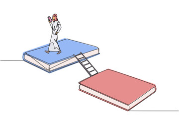 Poster - single continuous line drawing arabian man walking reading on book. book exhibition concept. display