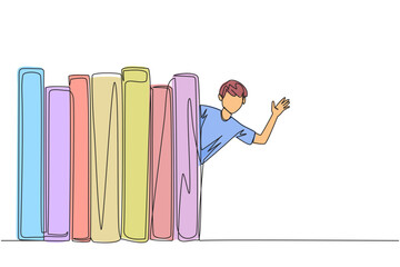 Poster - continuous one line drawing man appears from behind a row of books. invitation to read books at the 