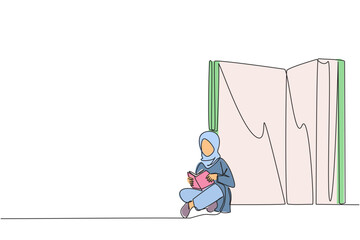 Poster - Single one line drawing Arab woman sitting in front of a big open book reading a book. Serious and focus learning increases insight. Book festival concept. Continuous line design graphic illustration