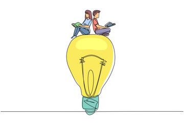 Poster - Continuous one line drawing people sitting on big lightbulb. Read with focus and serious. Metaphor looking for brilliant idea from scientific books. Book festival. Single line draw vector illustration