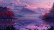 Tranquil Twilight: Digital Painting of Lake with Red Trees and Lotus Flowers
