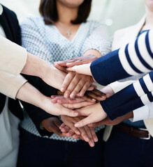 Poster - Office, teamwork and group of people with hands together in huddle in solidarity, creative collaboration or support. Synergy, employee engagement or professional women in growth, development or trust