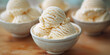 Vanilla ice cream dessert, gelato close up. Sweet food. White creamy icecream on background. 