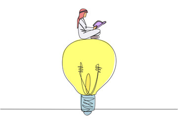 Wall Mural - Single one line drawing Arabian man sitting on big lightbulb. Read with focus and serious. Metaphor looking for brilliant idea from scientific book. Book festival. Continuous line graphic illustration