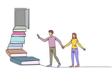 Poster - single one line drawing man woman climb the stairs from the book stack. towards the wide open door. 