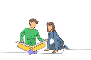 Poster - continuous one line drawing man woman sit down and put reading book on feet. interesting to read the