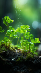 Wall Mural - vertical background green forest, dew drops and wet rain on young leaves and shoots in the depths of