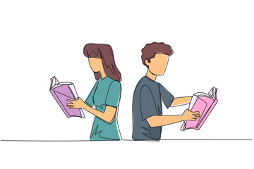 Poster - single one line drawing man woman very focused on reading the book. reading fiction story books duri