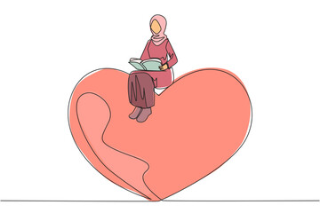 Wall Mural - Single continuous line drawing Arab woman sitting on big heart. Reading romantic fiction book. Enjoy storyline. Hobby reading story books. Book festival concept. One line design vector illustration