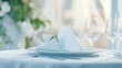 table setting in the restaurant interior light blue tones mediterranean style