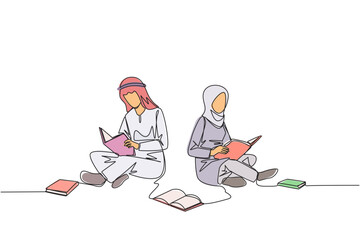 Poster - single one line drawing arabian man woman sitting relax in library reading lot of books. looking for