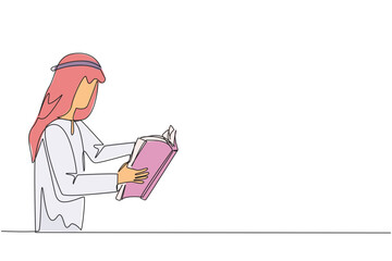 Poster - Single one line drawing Arabian man are very focused on reading a book. Reading fiction story books during holidays. Book festival concept. Very good habit. Continuous line design graphic illustration