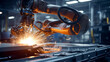 robotic welding assembly line, plasma cutting, abstract fictional robots. sparks from welding work
