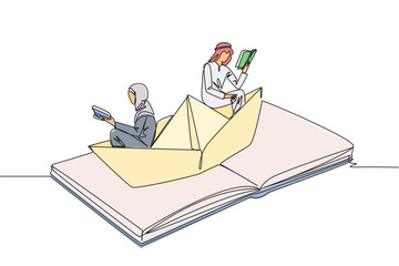 Poster - single continuous line drawing arabian man woman reading book on paper boat. maintain good habits. t