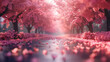 A beautiful pink forest with cherry blossoms and a path