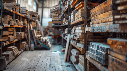 Poster - Warehouse of wooden boxes in a large warehouse. Industrial background.