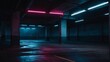 Background of an empty parking garage with smoke and neon light. Dark abstract background.