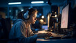 Female programmer debugging code, intense focus, headphones on, warm ambient lighting, cluttered desk with tech gadgets