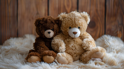 Wall Mural - Two teddy bears sitting on a fluffy blanket. On a wooden background.
